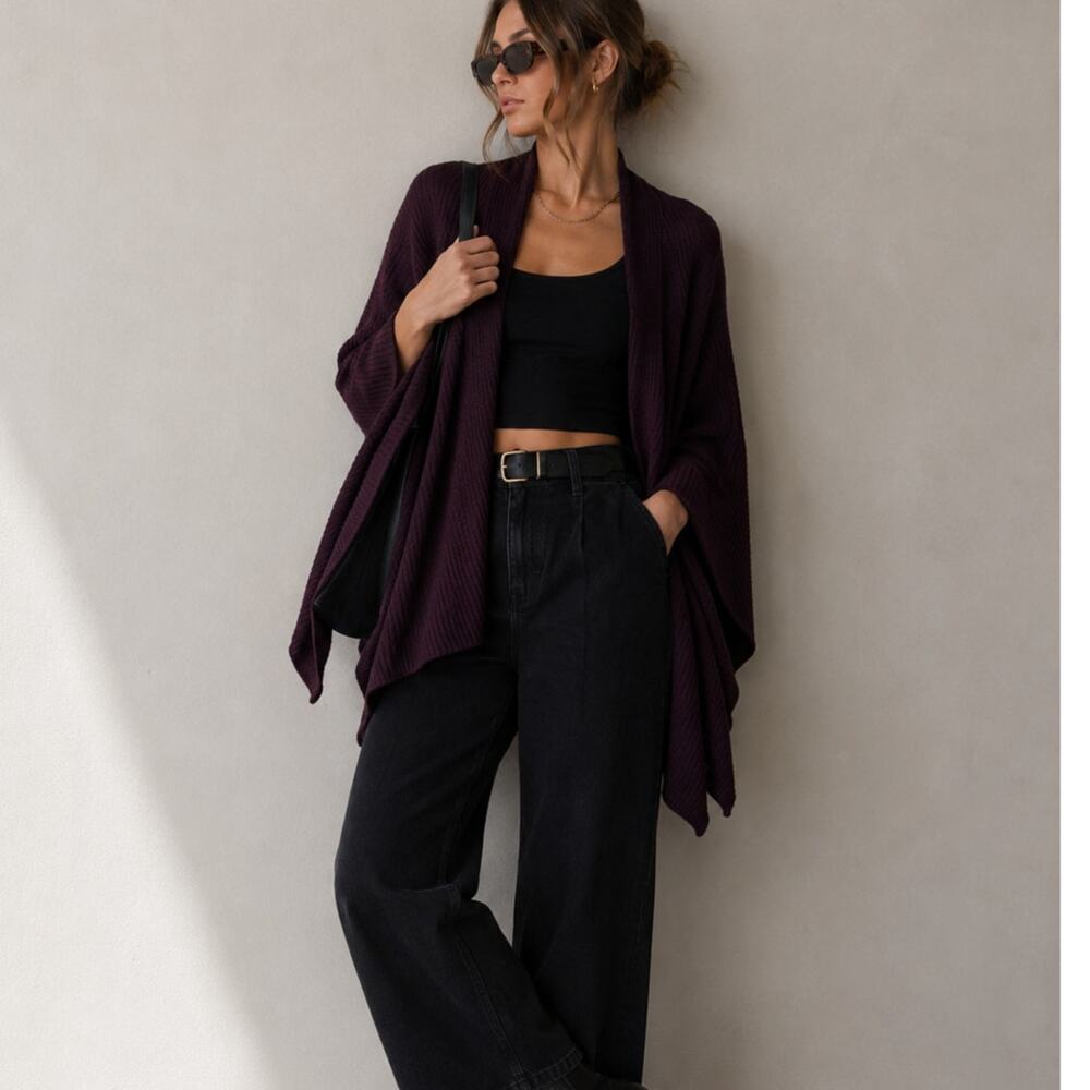 Allsaints Purple Wool Blend Ribbed Knit Cape Womens OS Fall Winter Cozy Preppy